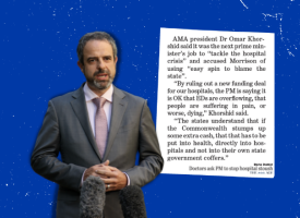 Dr Khorshid image on blue background with newspaper text in a box 