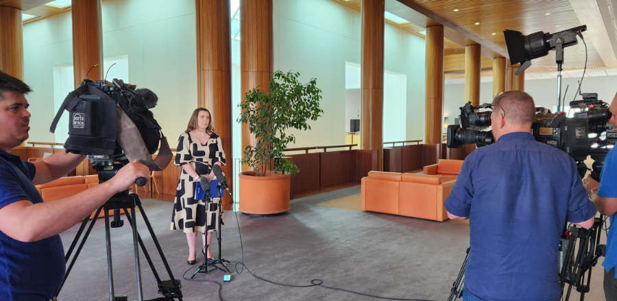 AMA President Dr Danielle McMullen speaking to the media in the Mural Hall at Parliament House, Canberra