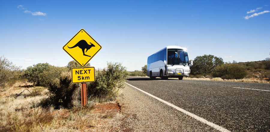 Rural Australian road with kangaroo road sign and a bus
